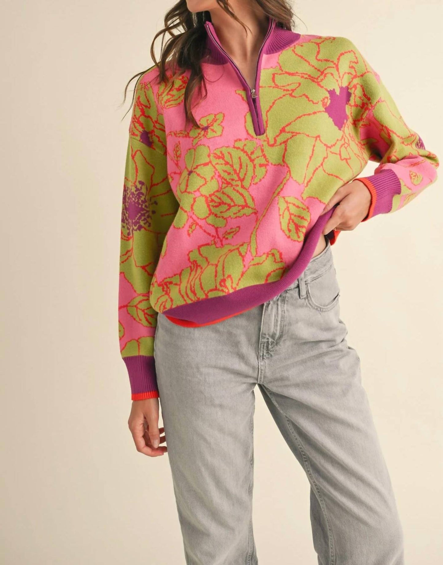 &Merci - Floral Knit Mock Neck Half Zip Pullover