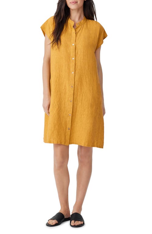Eileen Fisher Mandarin Collar Cap Sleeve Organic Linen Shirtdress in Marigold, Size Medium