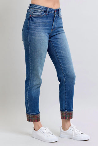 Judy Blue - Plaid Print Cuff Boyfriend Jean