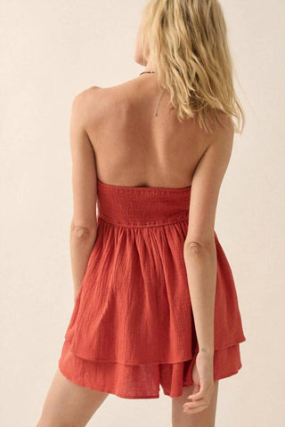 Promesa - Crochet Lace Trim Crinkle Cotton Babydoll Romper