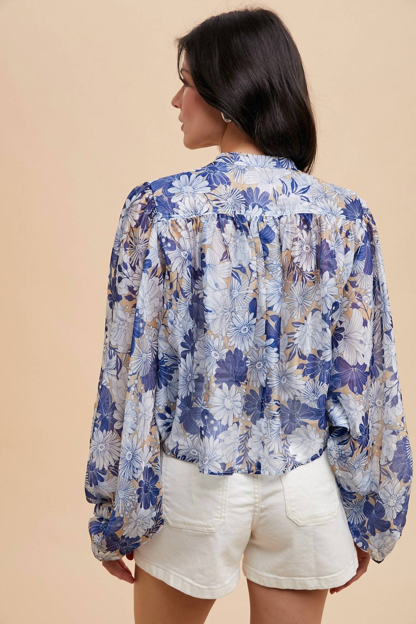 Anniewear - Flower Printed Loose Fit Button Down Volume Blouse