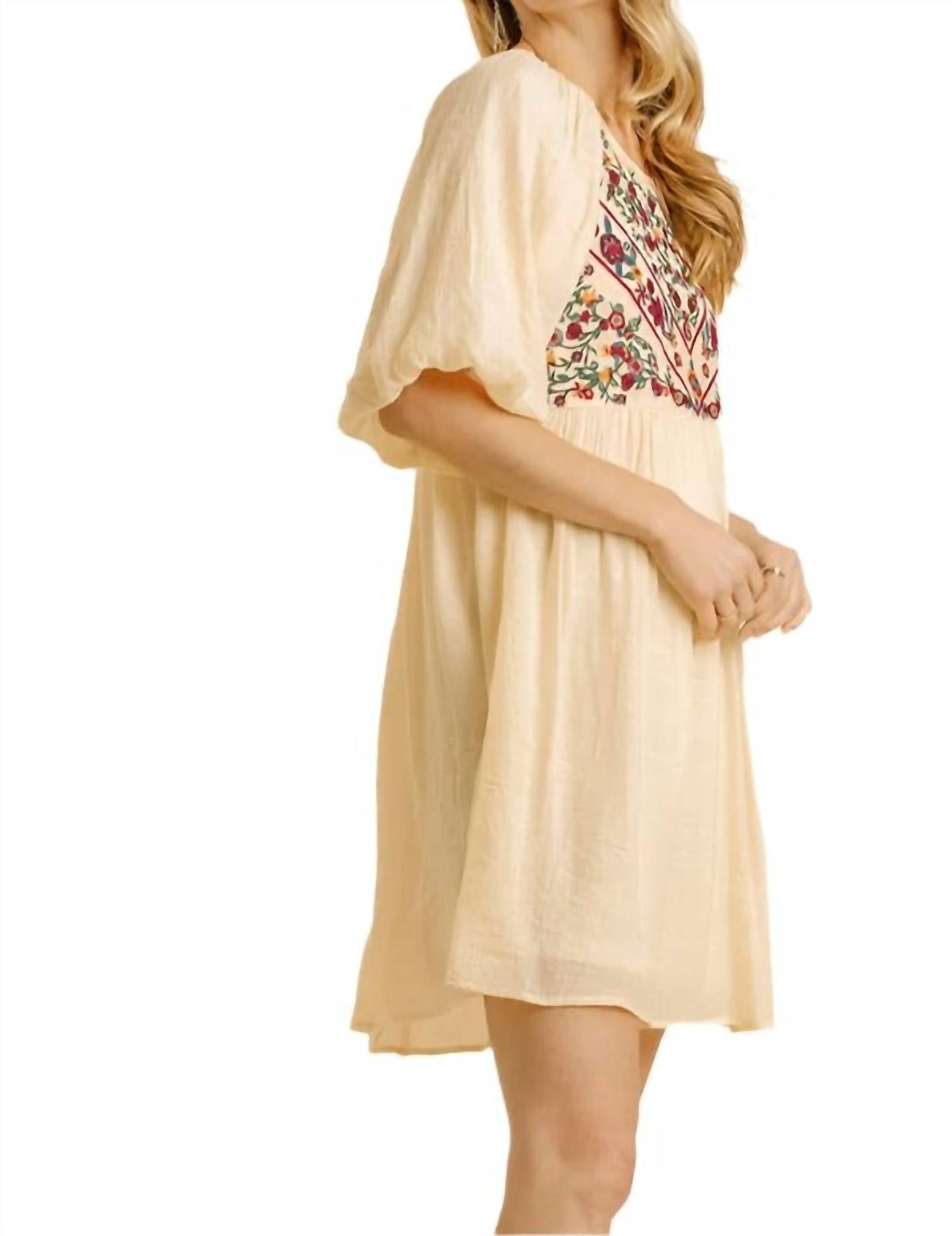 Umgee - Floral Embroidered Balloon Sleeve Dress