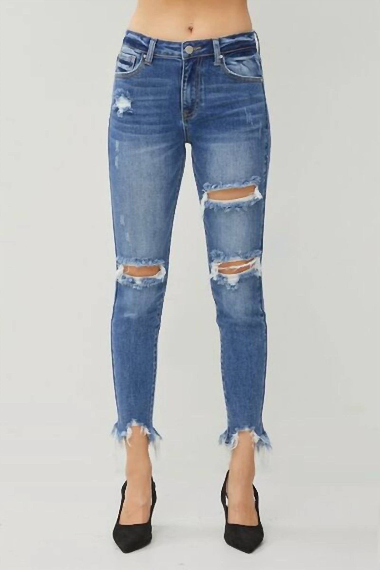 Risen - High Rise Distressed Frayed Hem Skinny Jeans