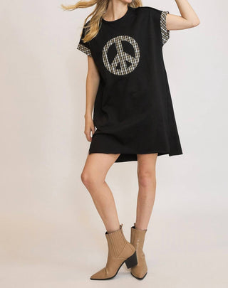 Trendsi - Umgee Peace Plaid Applique Short Sleeve Mini Dress