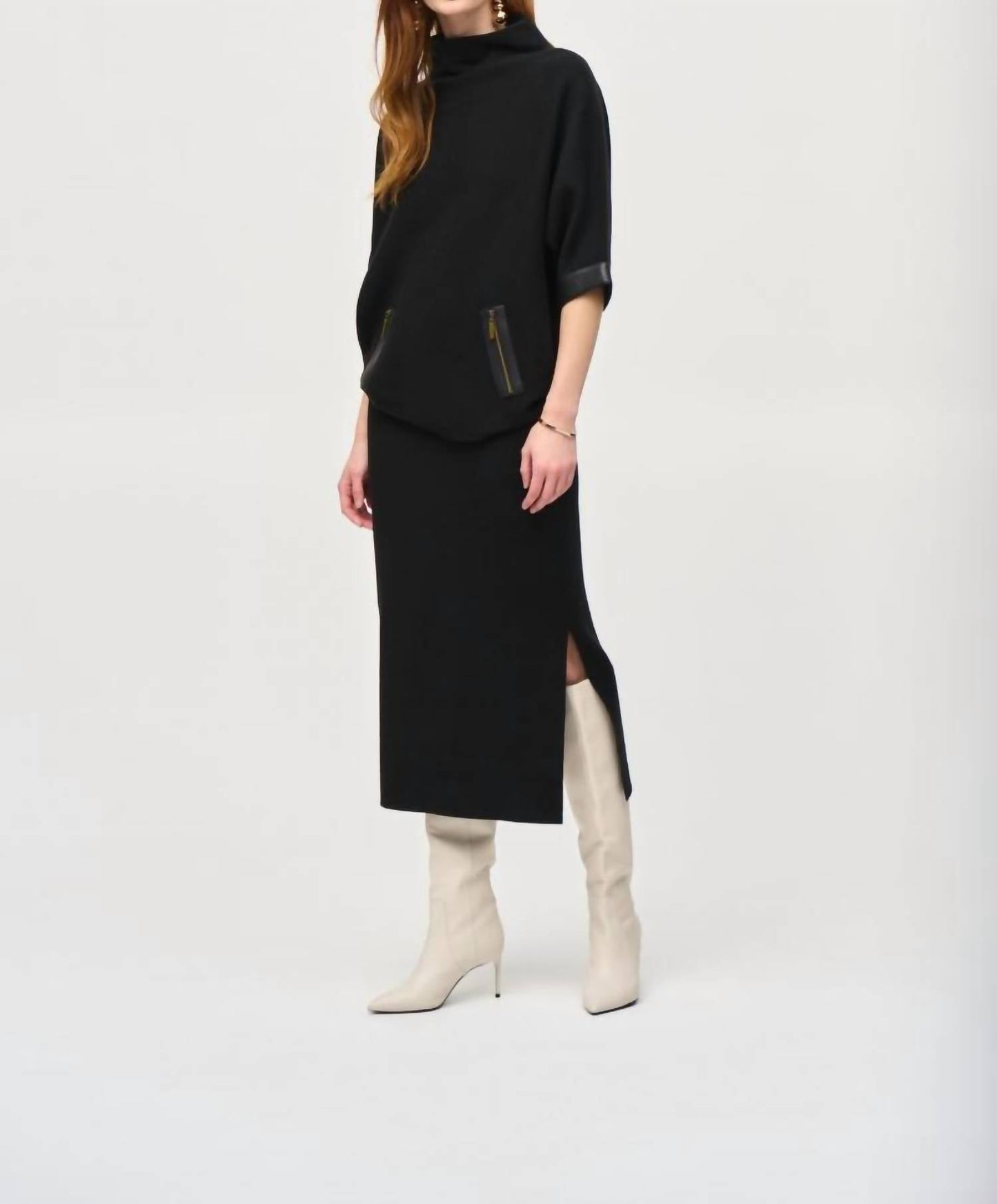 Joseph Ribkoff - Faux Leather Trim Funnel Neck Sweater Top