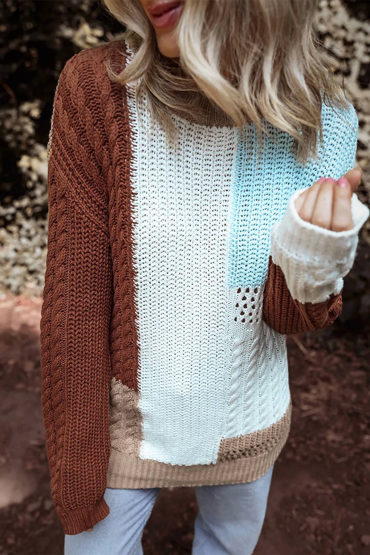 1 The Woman - Textured Knit Colorblock Patchwork Sweater