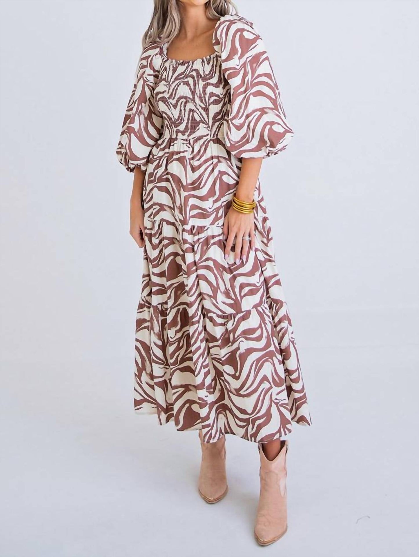 Karlie - Zebra Poplin Puff Sleeve Smock Maxi Dress
