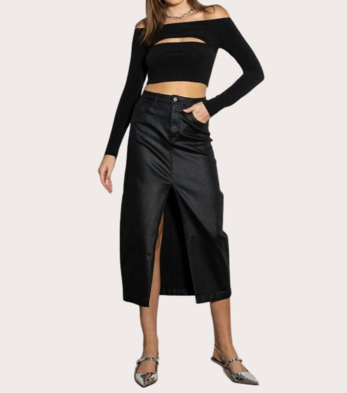 Vibrant M.I.U - Front Slit Midi Coated Skirt