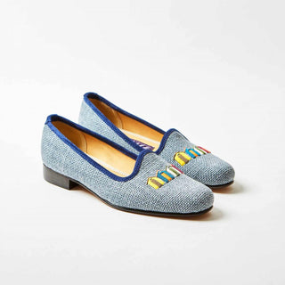 Bowhill & Elliott - Women's Denim Linen Pumps with Embroidered Beach Huts