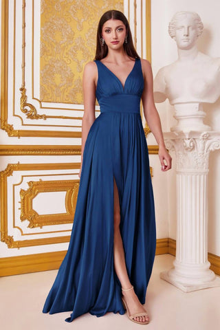 Ladivine - Long Satin A-line Dress With Slit