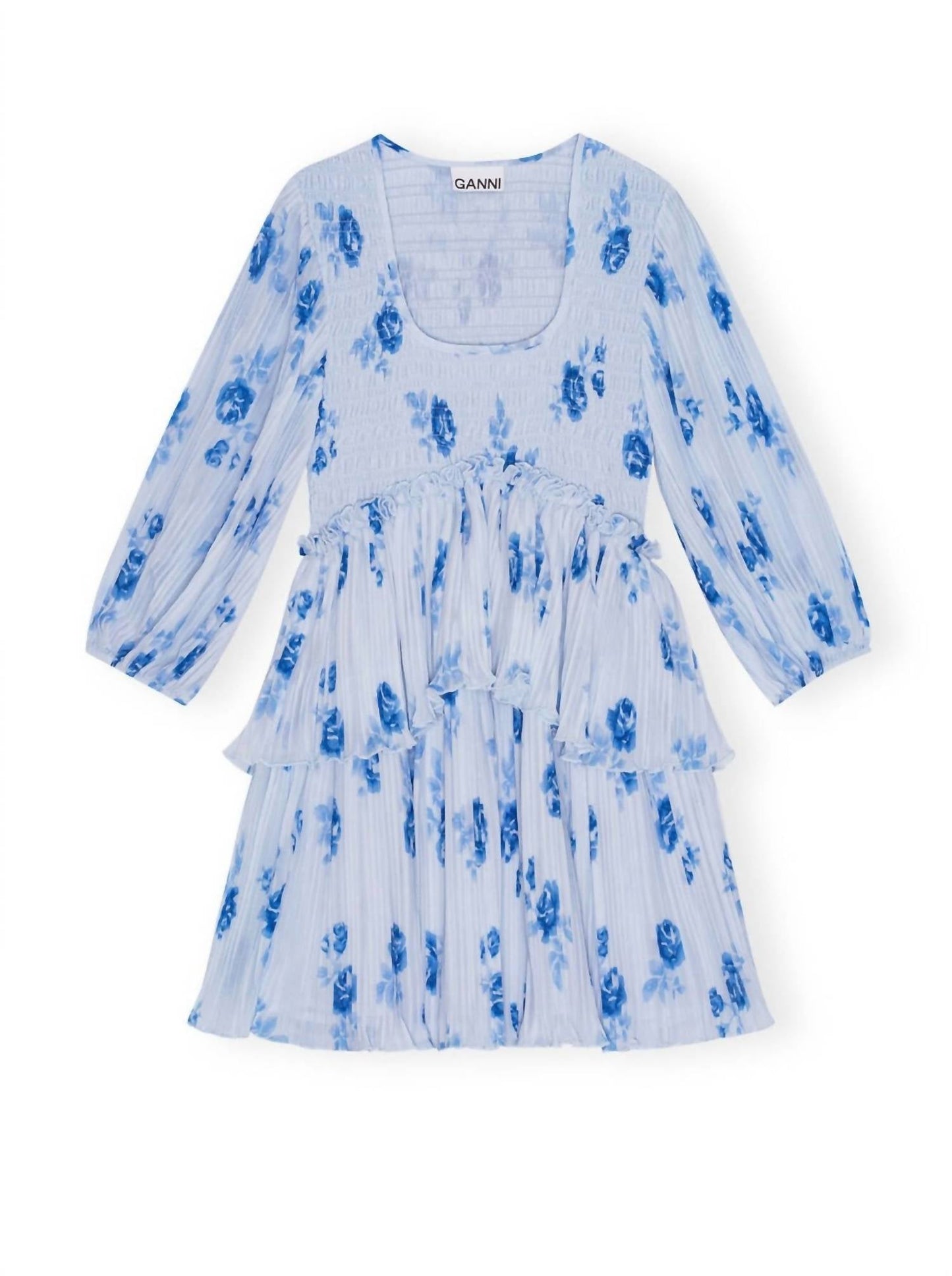 Ganni - Pleated Georgette Flounce Smock Mini Dress