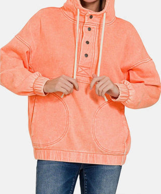 Zenana - Drawstring Half Snap Dropped Shoulder Hoodie