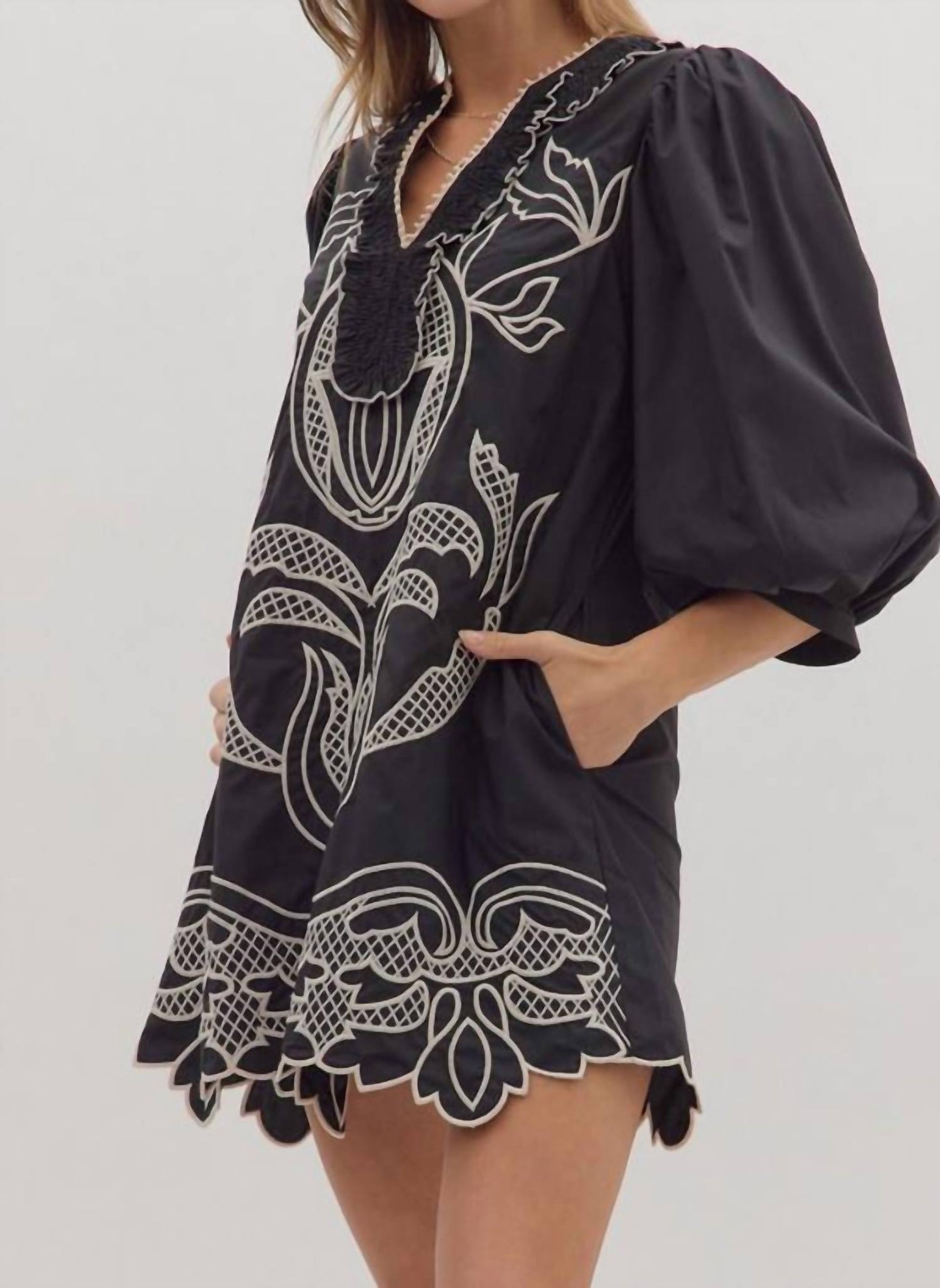 Entro - Puff Sleeve Embroidered Scallop Hem Dress
