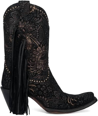 Corral - Stamped Floral Suede And Studs With Fringe Boot