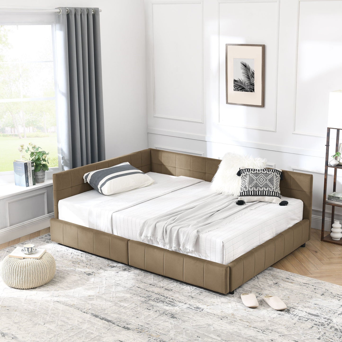 Mid-Century Storage Upholstered Tufted Bed Frame with Backrest and Armrests