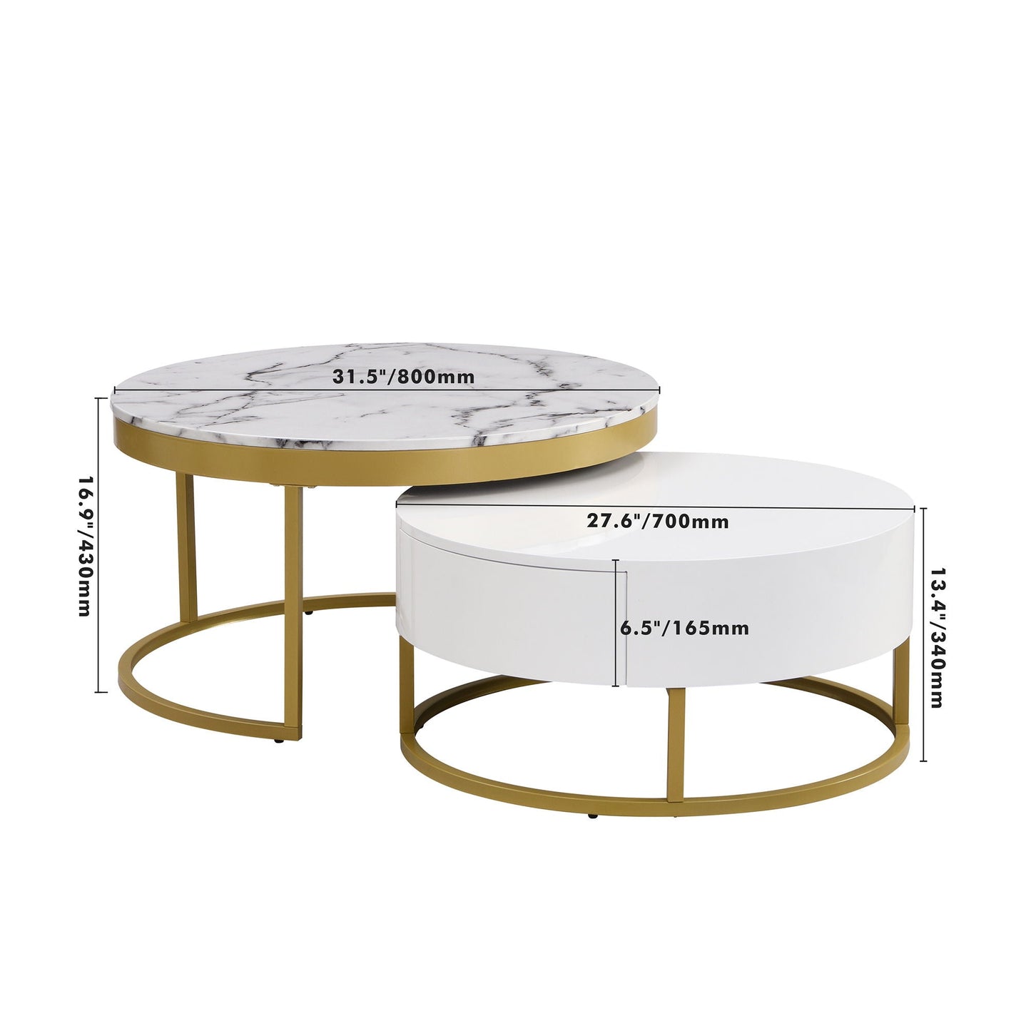 Round Nesting Coffee Table with Drawers - Golden / White
