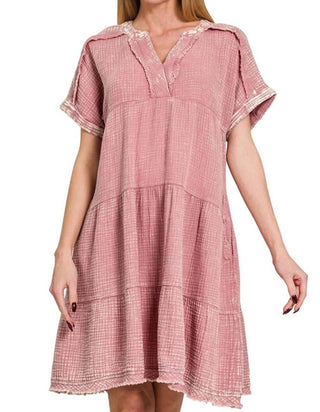 Zenana - Washed Double Gauze Raw Edge V-neck Dress