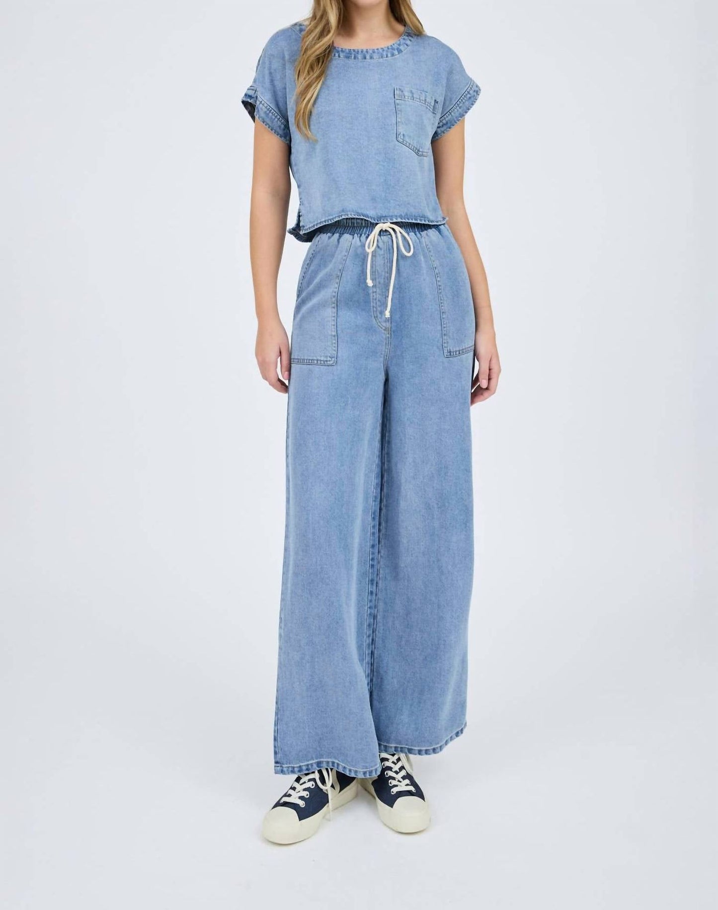 Blu Pepper - Washed Chambray Boat Neck Short Sleeve Crop Top