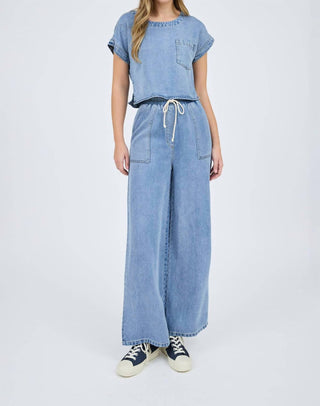 Blu Pepper - Washed Chambray Boat Neck Short Sleeve Crop Top