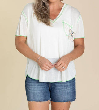 Pol - V-neck Contrast Seam Mixed Print Top