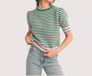 &Merci - Striped Pointelle Puff Sleeve Sweater