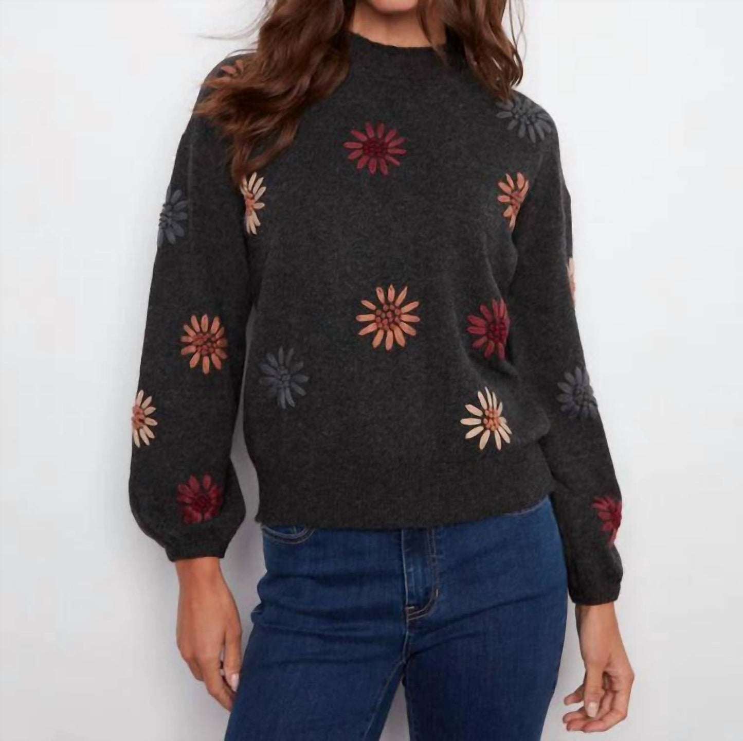 Charlie B - Mock Neck Floral Embroidery Sweater