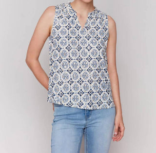 Charlie B - Ruffle Collar Geometric Pattern Blouse