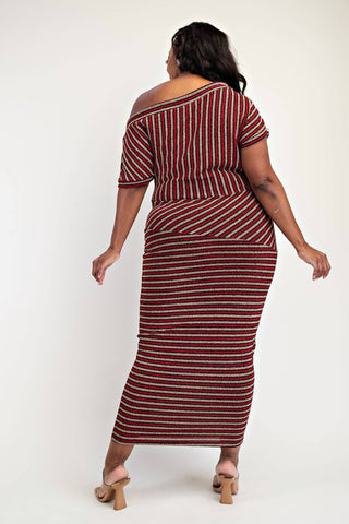 The Curve La - Plus Size Stripe Lurex Knit Off Shoulder Knit Midi Dress