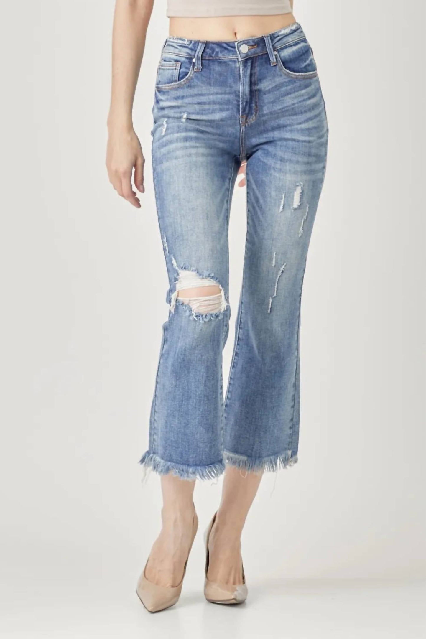 Risen - High Waist Distressed Cropped Bootcut Jeans