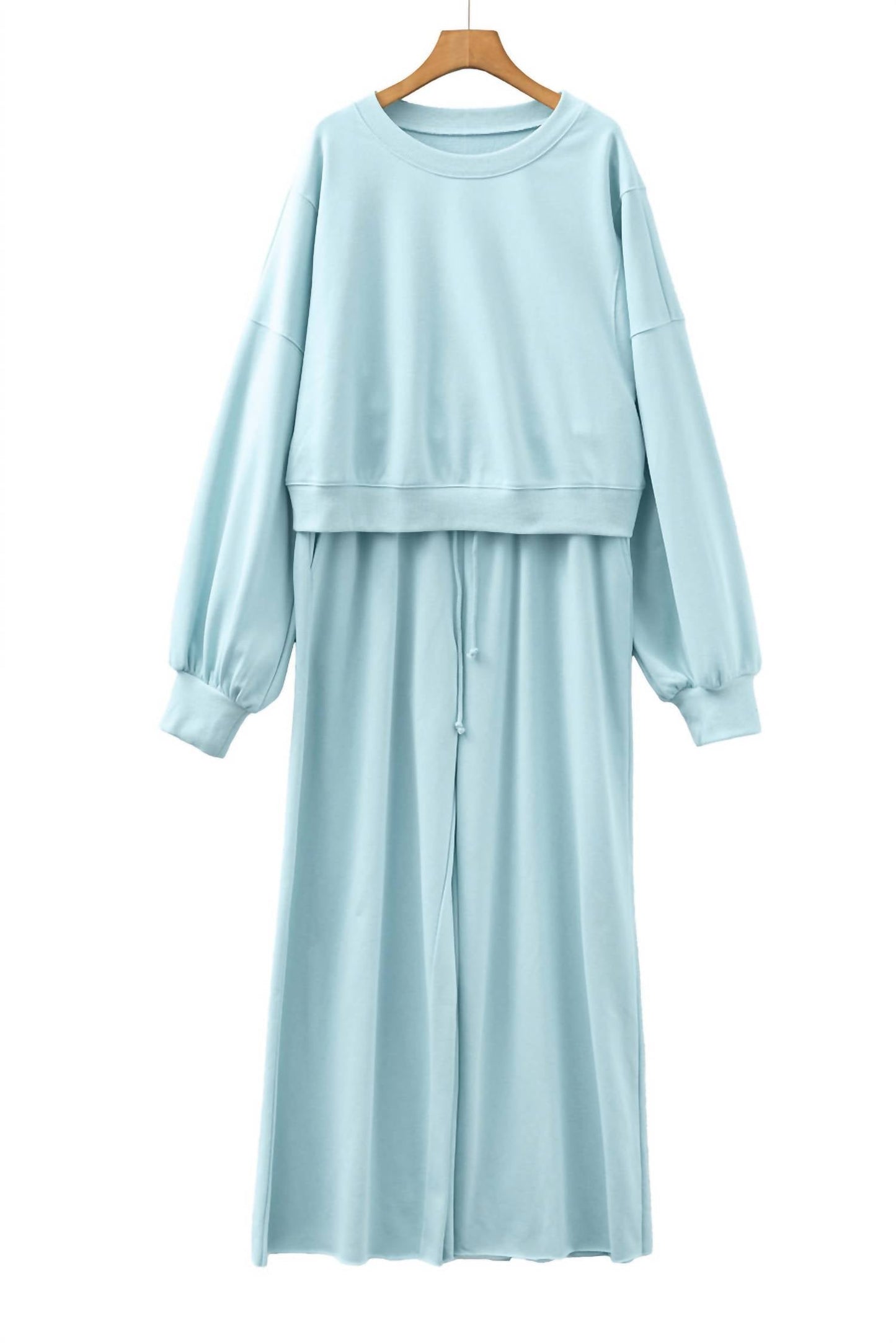Aapparella - Crewneck Terry Top With Wide Leg Raw Edge Bottoms Set