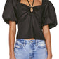 FRAME Strappy Puff Sleeve Stretch Organic Cotton Top in Noir  Size Large