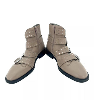 Topshop - Paige Nude Leather Studded Buckle Straps Ankle Boots
