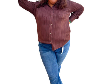 Entro - Bella Solid Textured Long Sleeve Button Up Top Plus