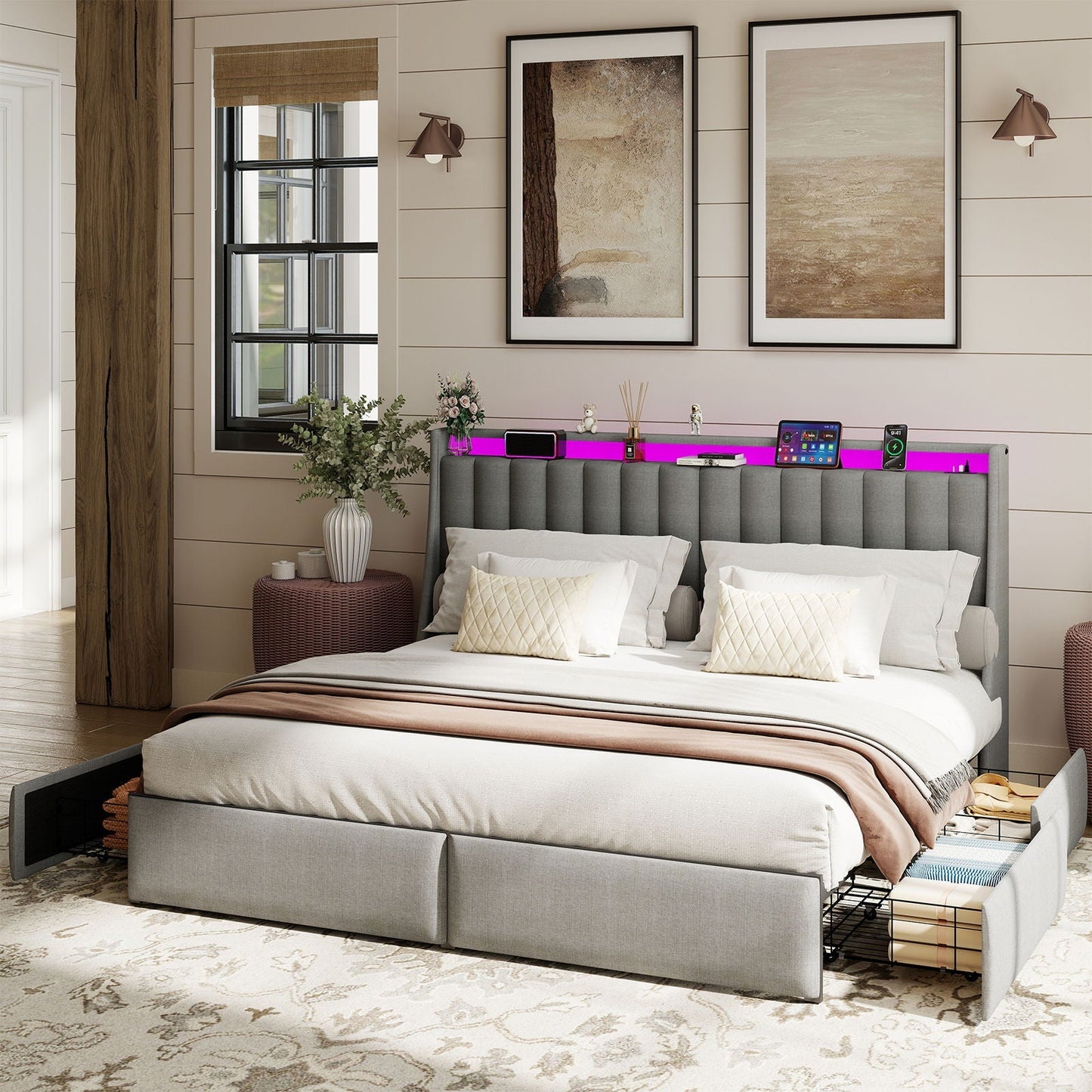 King Upholstered Bed Frame With 4 Storage Drawers, RGB LED Lights & USB / Type-C Charging Station