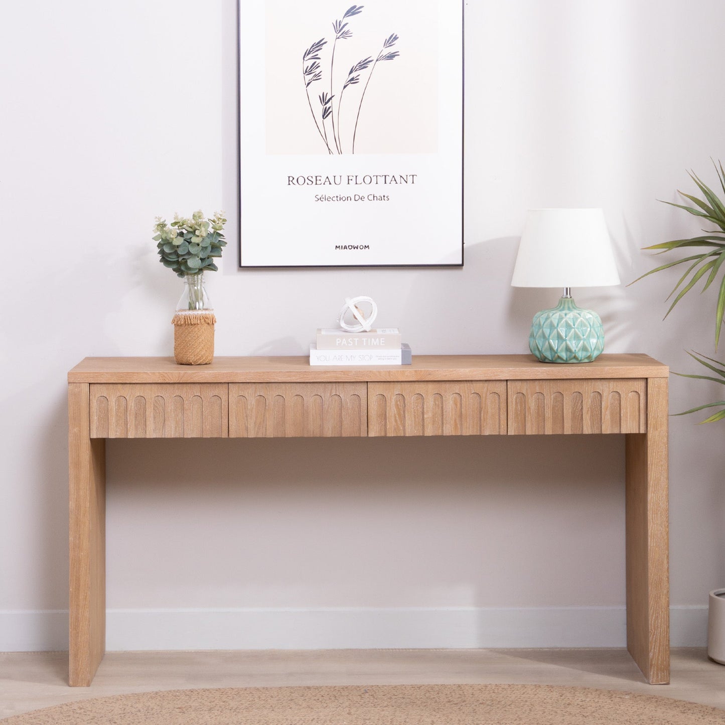 Modern Console Table with 4 Drawers – 59.2" Entryway Table in Natural Wood Finish