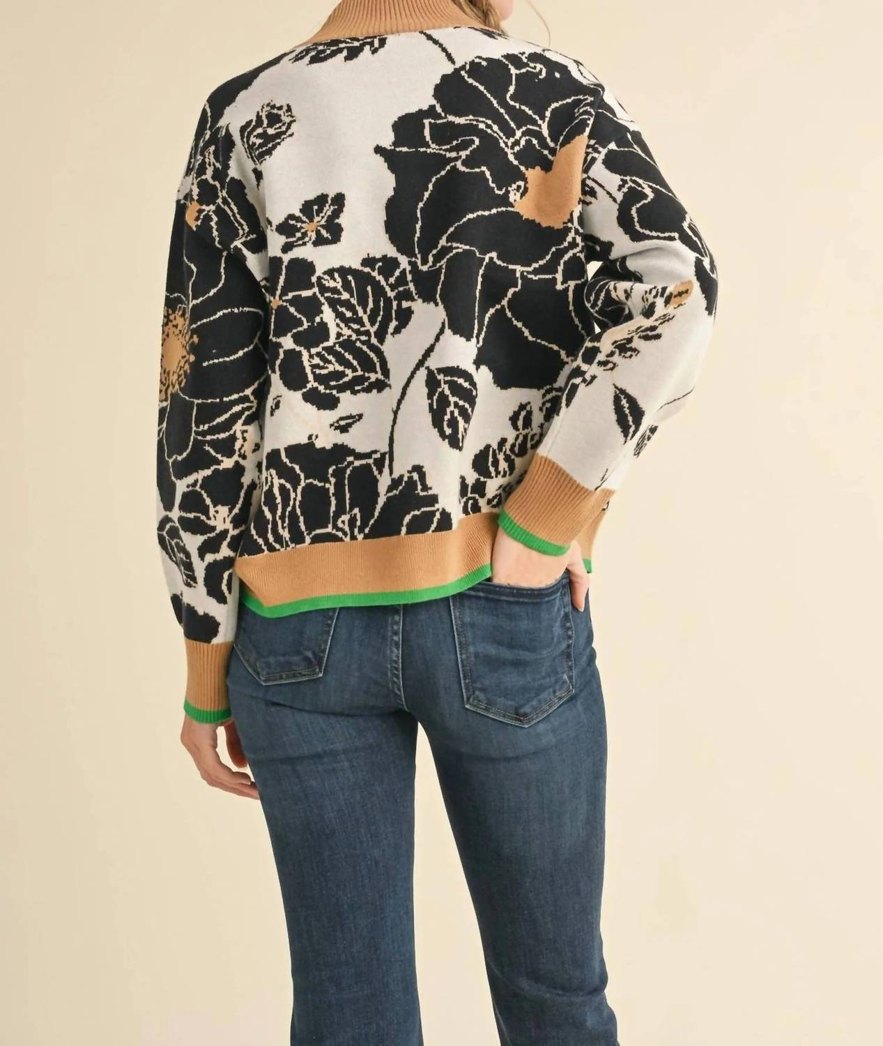 &Merci - Floral Knit Mock Neck Half Zip Pullover