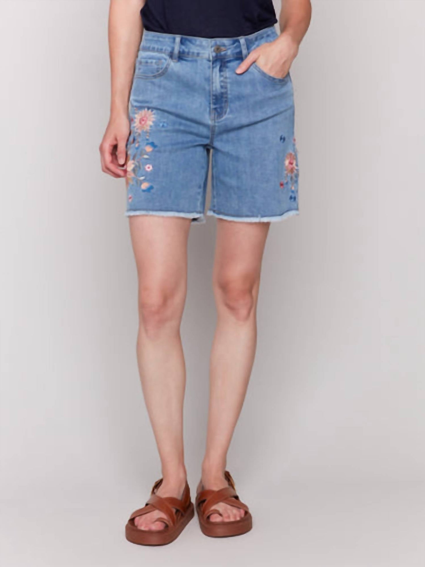 Charlie B - Embroidered Fringed Hem Denim Shorts