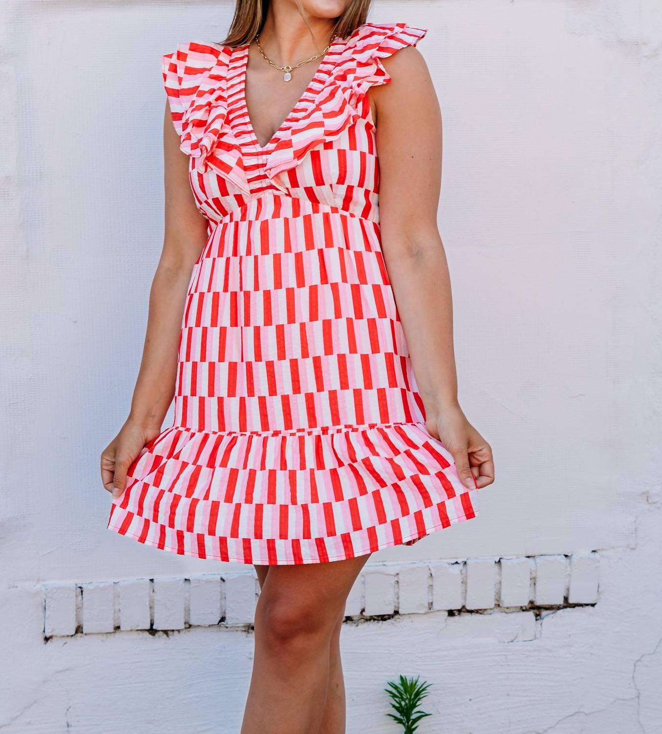 Joy Joy - Ruched V-neck Ruffles Dress