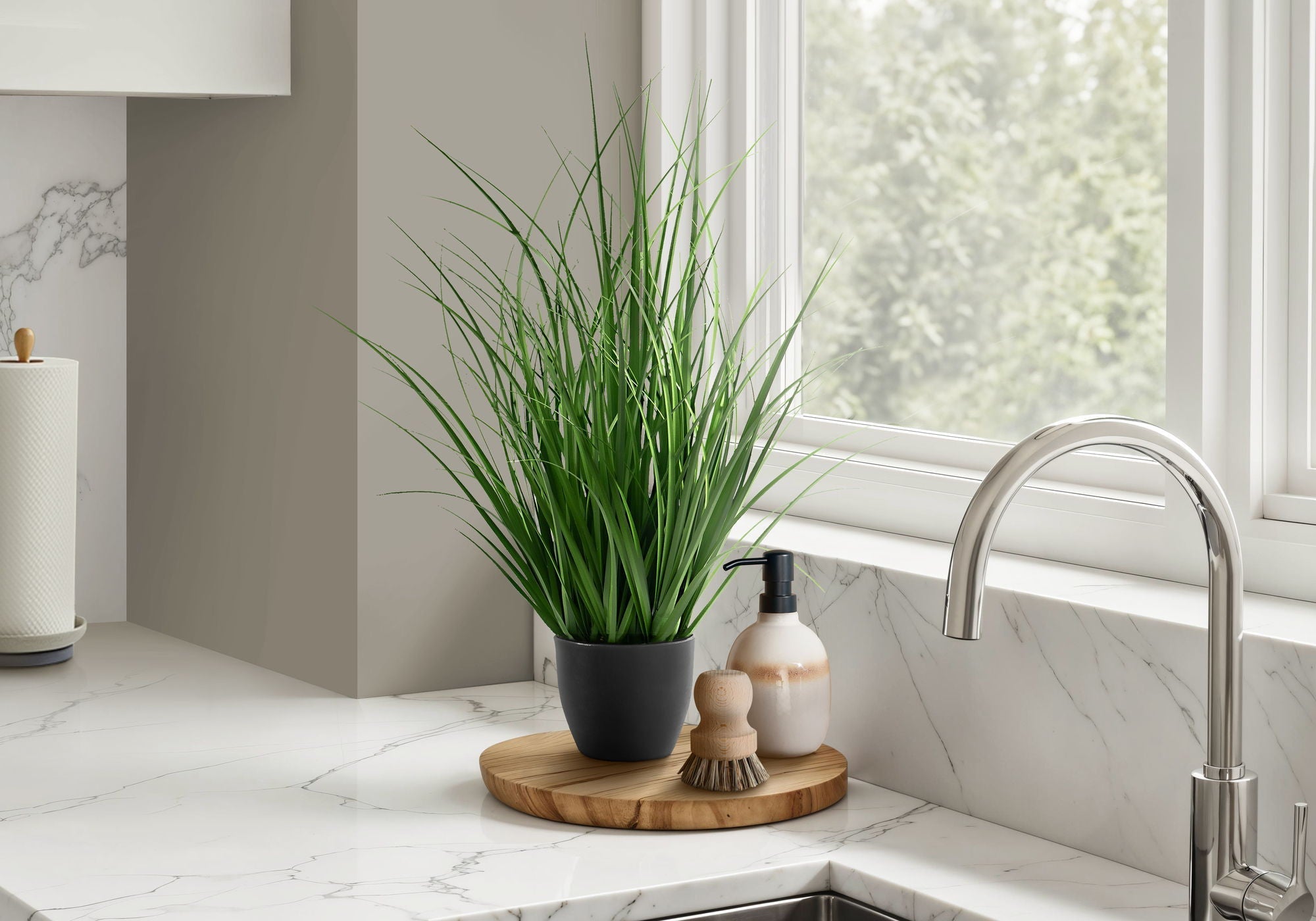 23" Tall, Artificial Plant, Grass, Indoor, Faux, Fake, Table, Greenery, Potted, Real Touch, Decorative - Green / Black