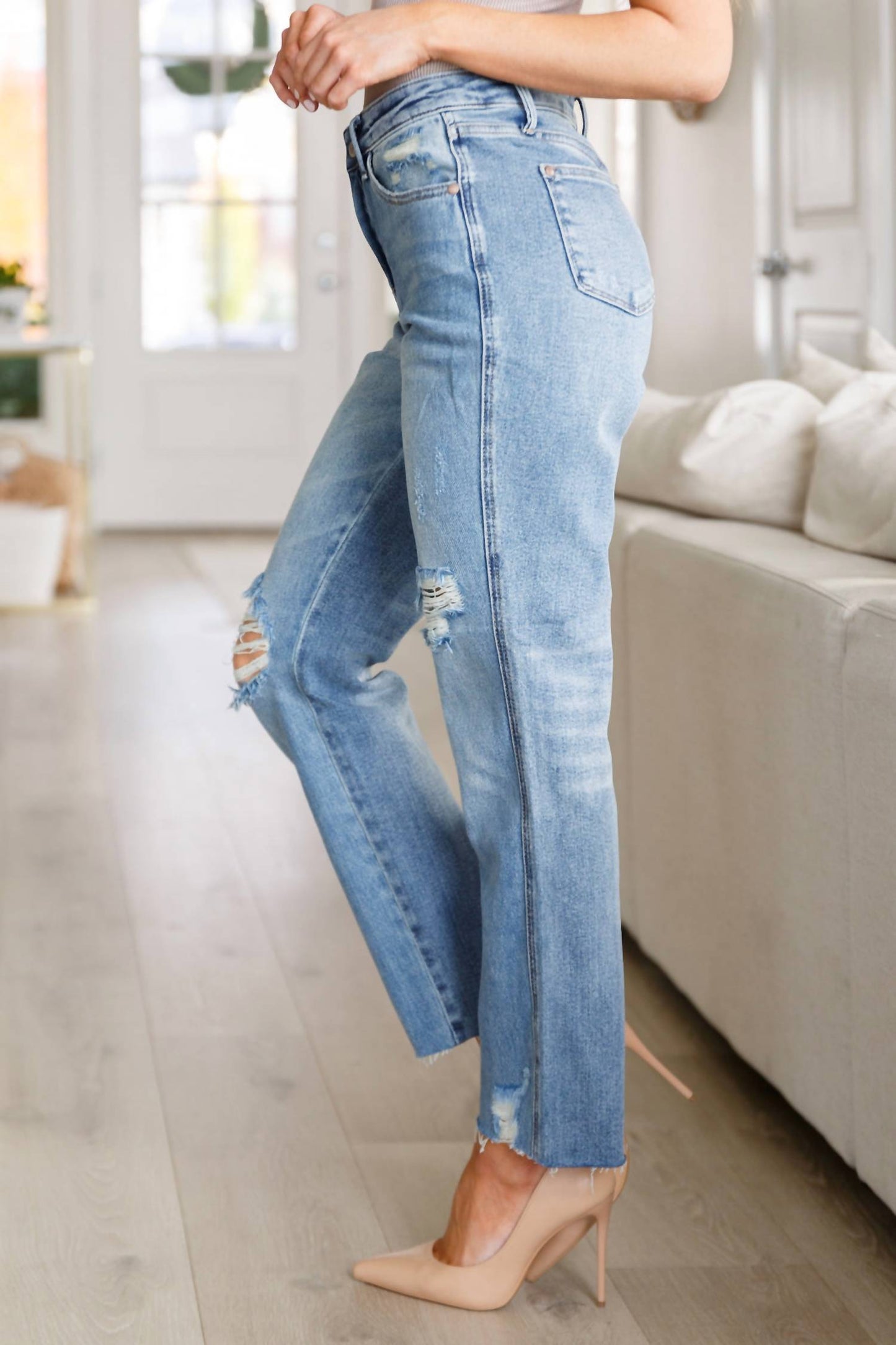 Judy Blue - High Rise Rigid Magic Destroy Slim Straight Leg Jeans