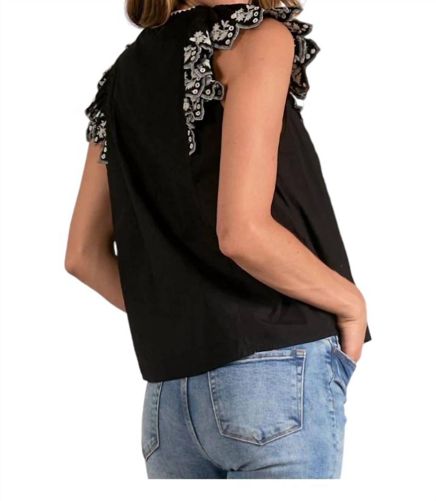 Elan - Jacklyn Flutter Sleeve Embroidered Top