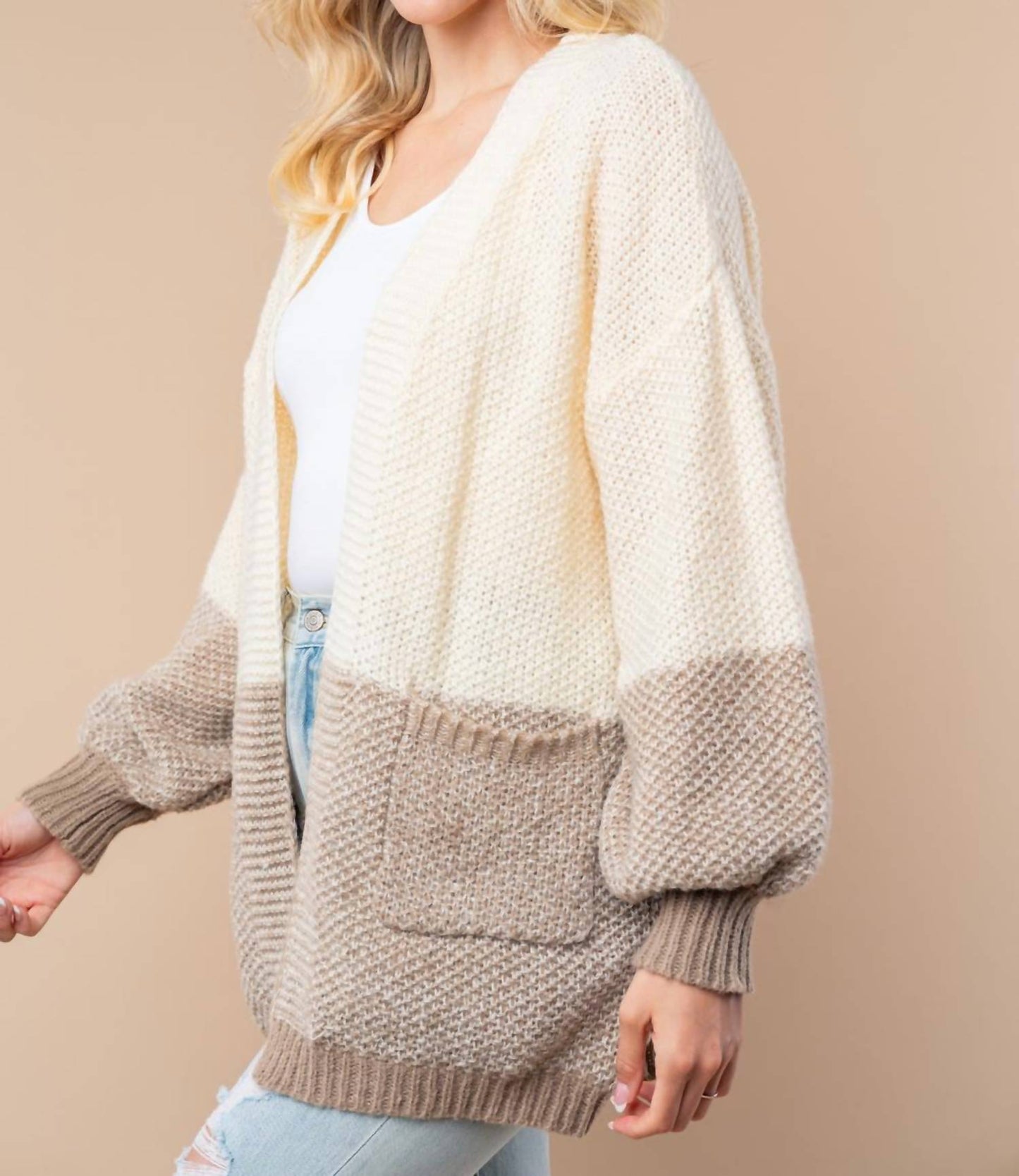 White Birch - Draped in Comfort Color Blocked Sweater Cardigan