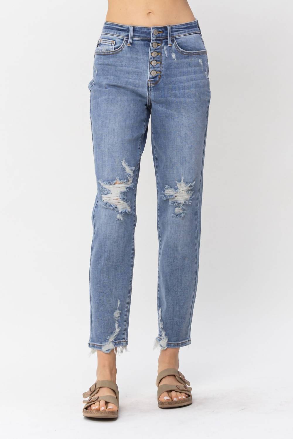 Judy Blue - High Waist Button Fly Destroyed Boyfriend Denim Jeans