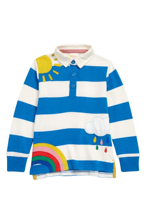 Mini Boden Kids' Stripe Appliqué Cotton Rugby Shirt in Bright Marina Blue/Ivory, Size 5-6Y