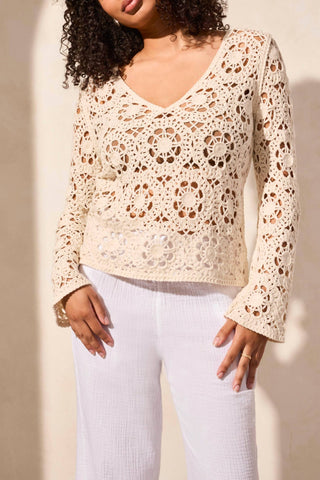 Tribal - Fancy Crochet V-neck With Bell Sleeve Sweater - Plus
