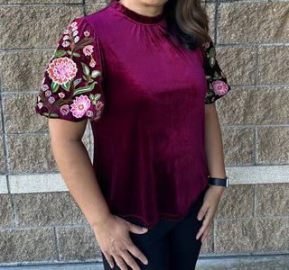 Thml - Embroidered Velvet Puff Sleeve Top