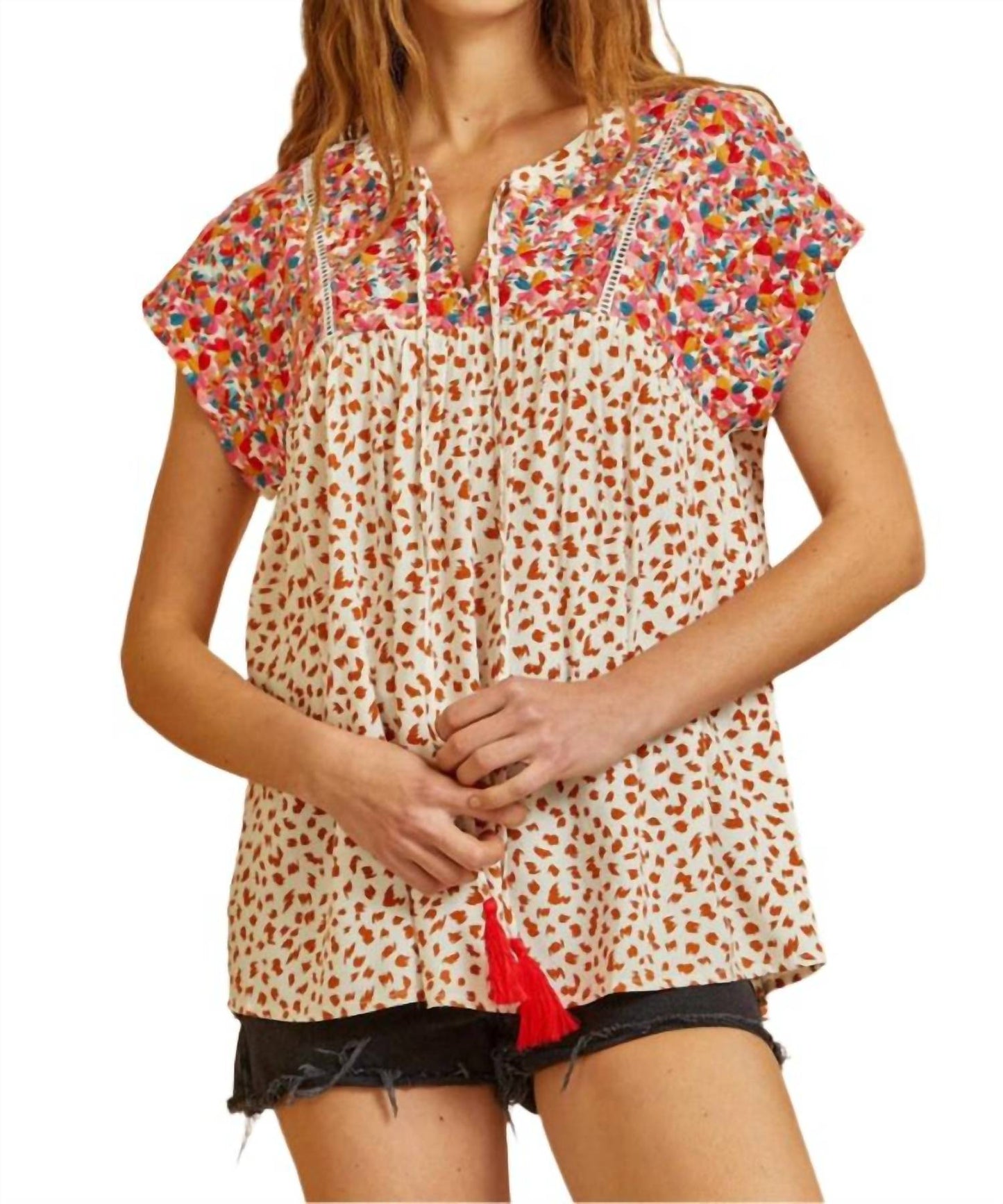 Little Daisy Closet - Embroidery Detail Split Neck Blouse