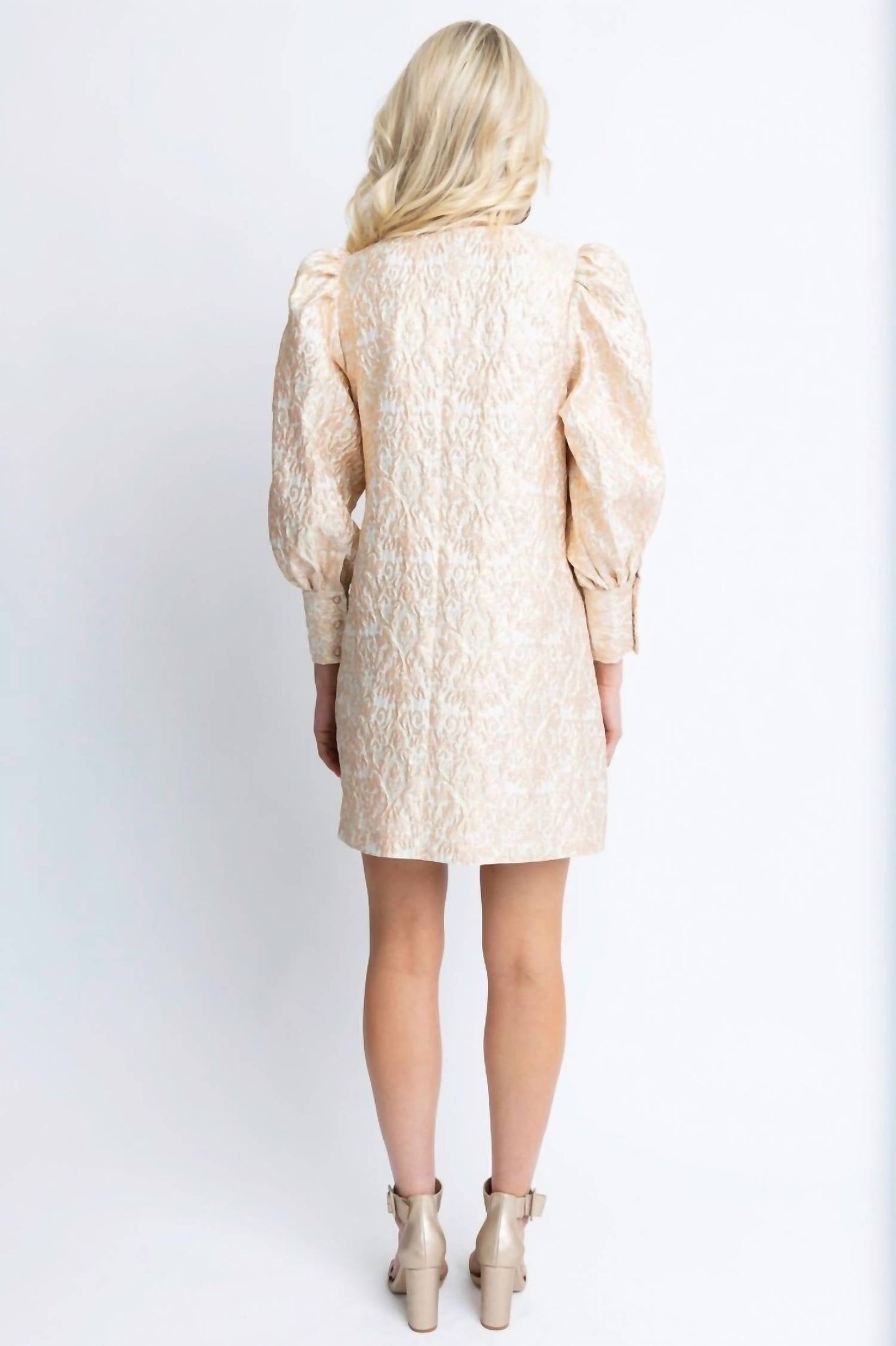 Karlie - Jacquard Puff Sleeve V-neck Mini Dress