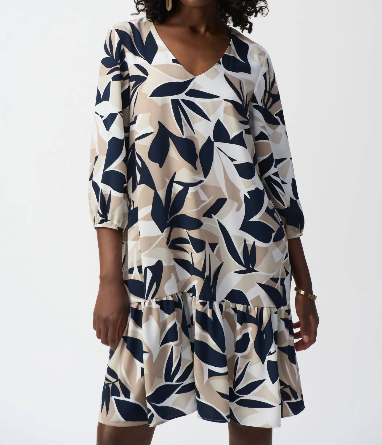 Joseph Ribkoff - Leaf Print Puff Sleeve Trapeze Dress