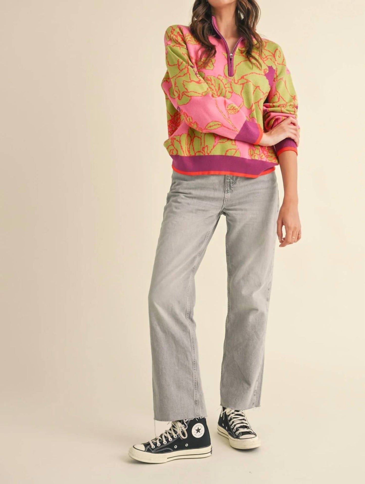 &Merci - Floral Knit Mock Neck Half Zip Pullover